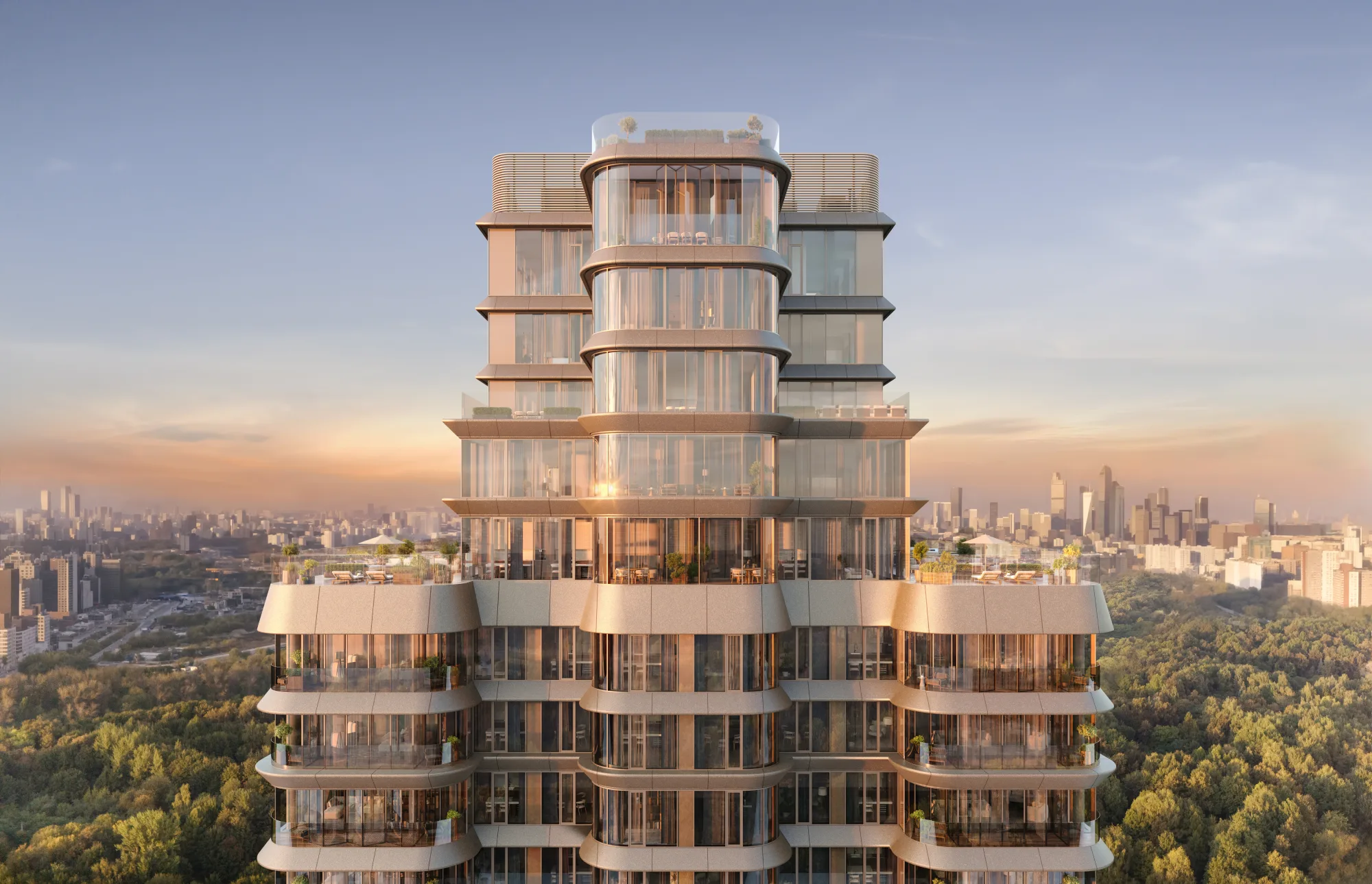 Дом «Спрингс» на закате над Филёвским парком, рендер застройщика
